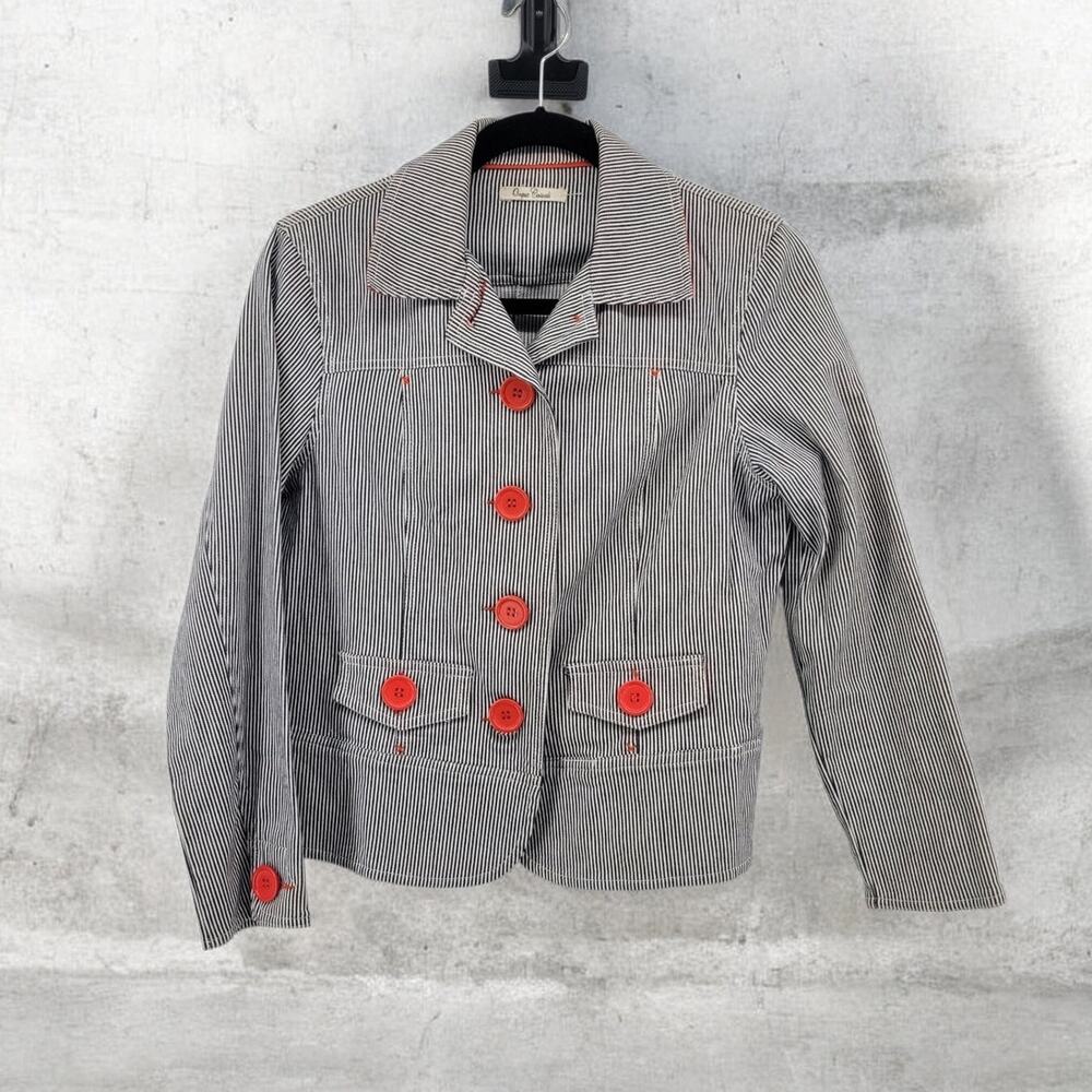 Women's Gray and White Striped Soda Jacket W/Red Stitching Buttons Sz S